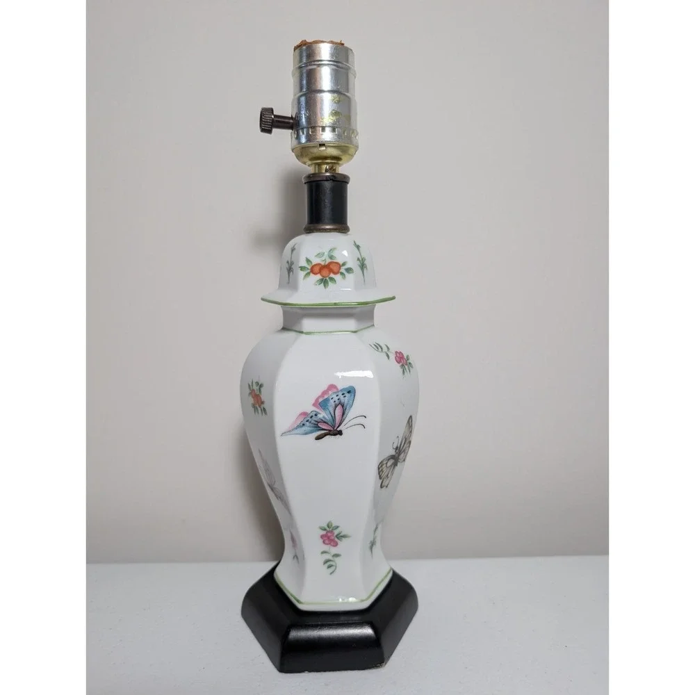 Vintage Porcelain Butterfly Floral Table Lamp White Hexagonal 12